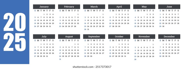 Calendario Horizontal 2025, Calendario Semana 2025 Comienza Domingo, Plantilla de planificador de diseño Corporativa. Vector 2025 año.