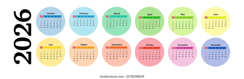 Horizontal calendar for 2026 isolated on a white background. Sunday to Monday, business template. Vector illustration