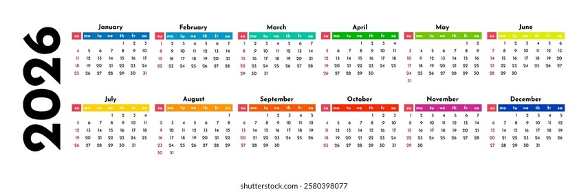 Horizontal calendar for 2026 isolated on a white background. Sunday to Monday, business template. Vector illustration