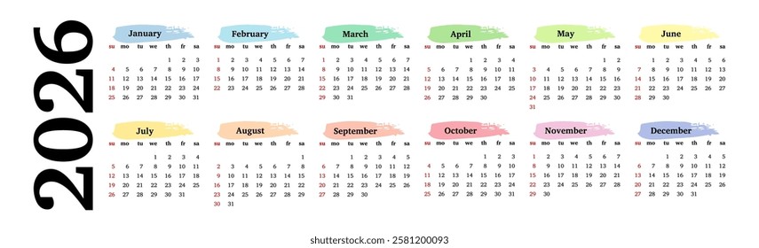 Horizontal calendar for 2026 isolated on a white background. Sunday to Monday, business template. Vector illustration