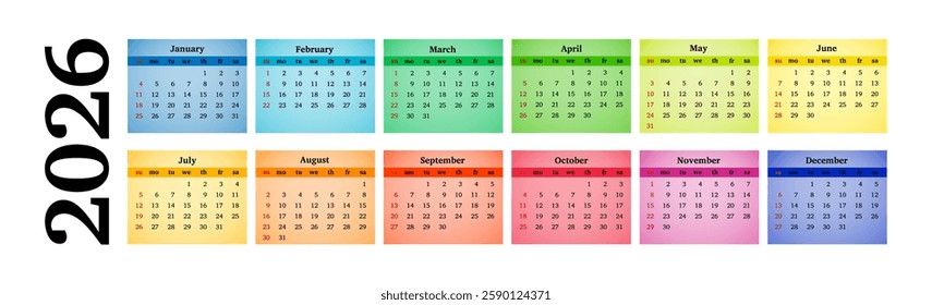 Horizontal calendar for 2026 isolated on a white background. Sunday to Monday, business template. Vector illustration