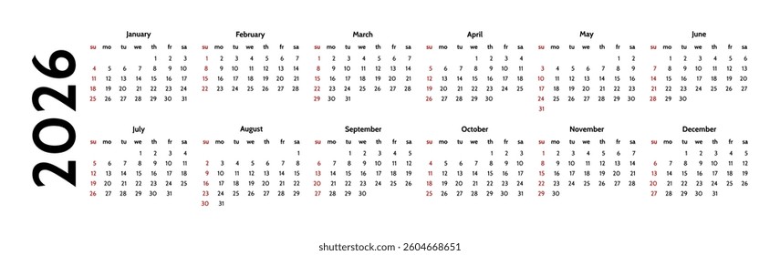 Horizontal calendar for 2026 isolated on a white background. Sunday to Monday, business template. Vector illustration