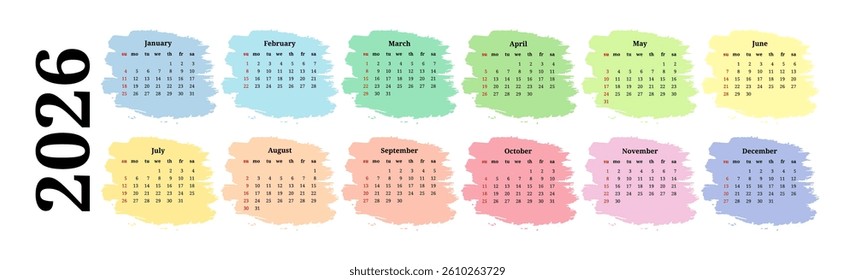 Horizontal calendar for 2026 isolated on a white background. Sunday to Monday, business template. Vector illustration