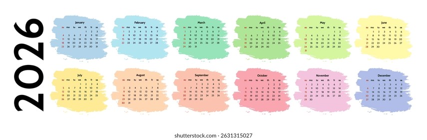 Horizontal calendar for 2026 isolated on a white background. Sunday to Monday, business template. Vector illustration