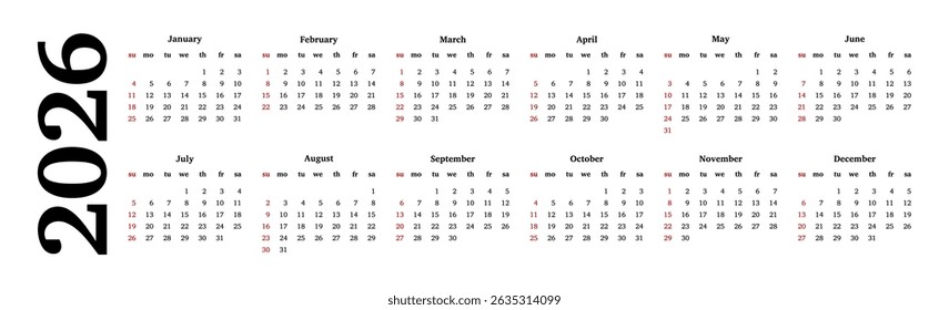 Horizontal calendar for 2026 isolated on a white background. Sunday to Monday, business template. Vector illustration
