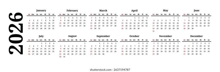 Horizontal calendar for 2026 isolated on a white background. Sunday to Monday, business template. Vector illustration