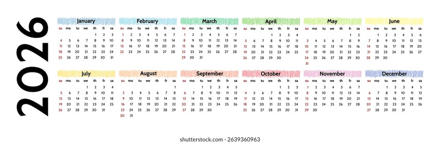 Horizontal calendar for 2026 isolated on a white background. Sunday to Monday, business template. Vector illustration