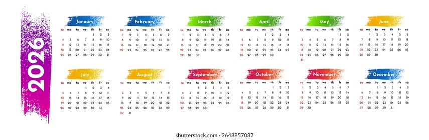 Horizontal calendar for 2026 isolated on a white background. Sunday to Monday, business template. Vector illustration