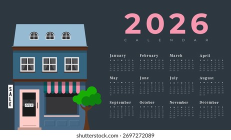 Calendario Horizontal para 2026. Plantilla minimalista con la Imagen de una casa escandinava. Diseño para una empresa de construcción. Ilustración vectorial EPS 10