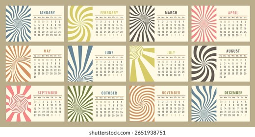 Calendário Horizontal 2026 em estilo retro por 60, 80, 70. Raios espirais Groovy, padrão distorcido. Planejador mensal imprimível para parede ou mesa. Início de domingo. Modelo antigo. Vetor 