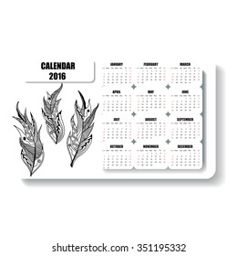 horizontal calendar  of feathers hand painted in the style of zentangle and Doodle
