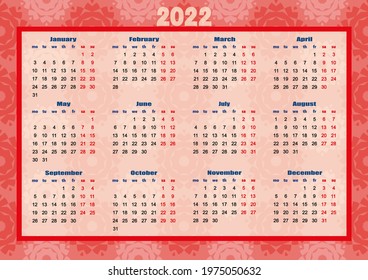 horizontal calendar grid for 2022 on a red decorative background. twelve months. the calendar is a one-page calendar. a4. universal template, business layout. the cover of the diary. colorful poster.