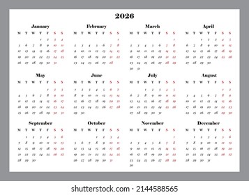 Horizontal calendar grid for 2026 in A4 format, week starts from Monday