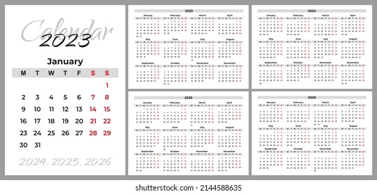 Horizontal calendar grids for 2023-2026 in A4 format, week starts from Monday