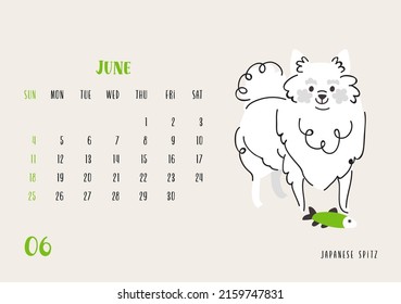 Horizontal calendar for June 2023 with Japanese spitz dog. Isolated on beige background. Vector flat style illustration. Week starts on Sunday