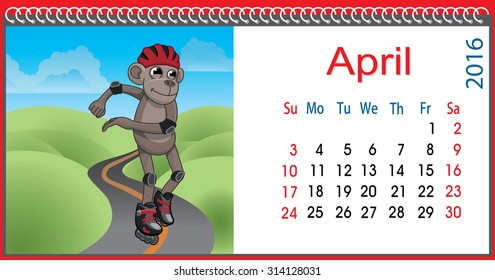 Horizontal calendar with a monkey in April