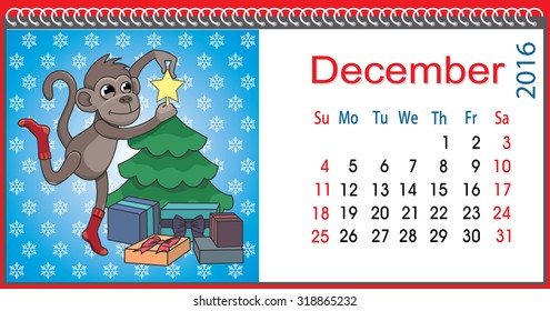 Horizontal calendar with a monkey in  December