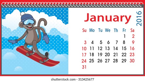 Horizontal calendar with a monkey in January