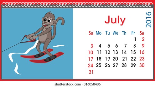 Horizontal calendar with a monkey in July