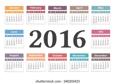 Horizontal calendar with number 2016 in the center, vector eps10 illustration