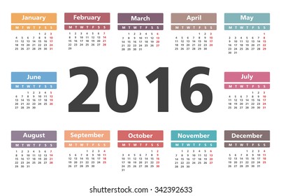 Horizontal calendar with number 2016 in the center, vector eps10 illustration