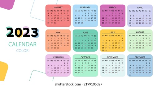 Horizontal calendar on 2023 year, rainbow square. template color calendar for business on white background. Week starts from Sunday. Vector pocket calendar on 2023.