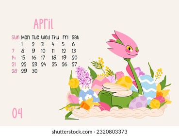 Horizontal calendar page for April 2024 with Easter dragon. Isolated on beige background. The symbol of the year of dragon. Week starts on Sunday. Vector illustration cartoon character