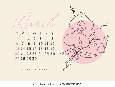 Horizontal página del calendario para abril de 2025 con la flor de la primavera del guisante dulce. Aislado sobre fondo beige. La semana comienza el domingo. estilo de arte de línea de Ilustración vectorial