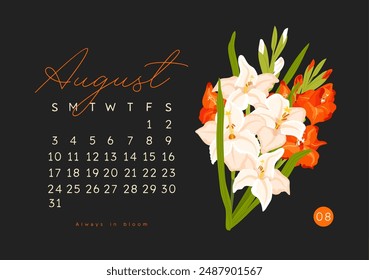 Horizontal calendar page for august 2025 with summer gladiolus flower. Isolated on black background. Week starts on Sunday. Vector illustration cartoon style