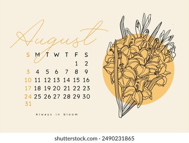 Horizontal calendar page for august 2025 with summer gladiolus flower. Isolated on beige background. Week starts on Sunday. Vector illustration line art style