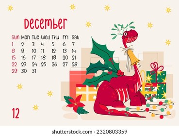 Horizontal calendar page for December 2024 with Christmas mistletoe dragon. The symbol of the year of dragon. Week starts on Sunday. Vector illustration cartoon character