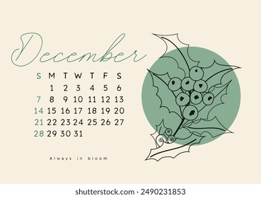 Horizontal calendar page for December 2025 with winter Holly branch. Isolated on beige background. Week starts on Sunday. Vector illustration line art style