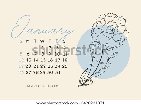 Horizontal calendar page for January 2025 with winter carnation flower. Isolated on beige background. Week starts on Sunday. Vector illustration line art style