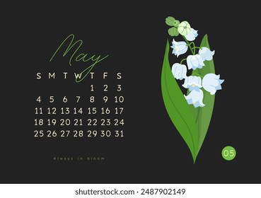 Horizontal página de calendario para mayo 2025 con lirio de primavera de la flor del valle. Aislado sobre fondo negro. La semana comienza el domingo. Ilustración vectorial estilo de dibujos animados