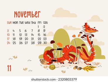 Horizontal calendar page for November 2024 with mushroom dragon. Isolated on beige background. The symbol of the year of dragon. Week starts on Sunday. Vector illustration cartoon style