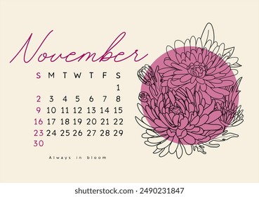 Horizontal calendar page for November 2025 with autumn chrysanthemum flower. Isolated on beige background. Week starts on Sunday. Vector illustration line art style