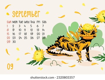 Página de calendario horizontal para setiembre de 2024 con dragón amarillo crisantemo. Aislado sobre un fondo beige. El símbolo del año del dragón. La semana comienza el domingo. Ilustración de dibujos animados 