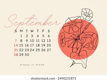 Horizontal calendar page for September 2025 with autumn morning glory flower. Isolated on beige background. Week starts on Sunday. Vector illustration line art style