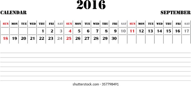 horizontal calendar, calendar paper design, week starts with Sunday, September 2016