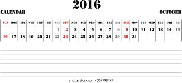 horizontal calendar, calendar paper design, week starts with Sunday, October 2016