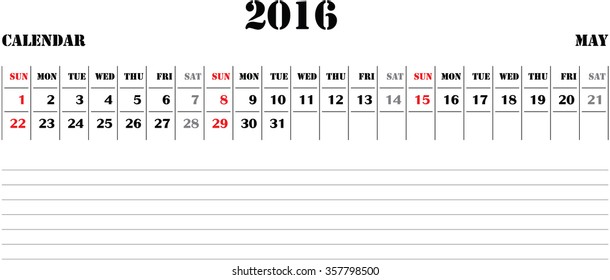 horizontal calendar, calendar paper design, week starts with Sunday, May 2016