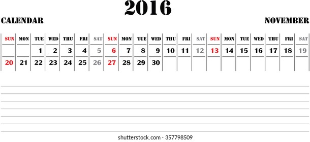 horizontal calendar, calendar paper design, week starts with Sunday, November 2016