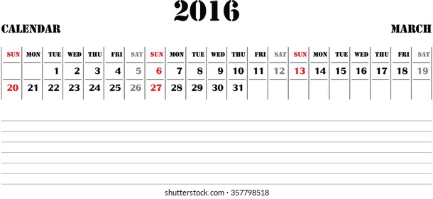 horizontal calendar, calendar paper design, week starts with Sunday, March 2016