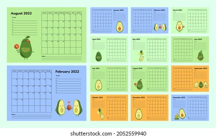 Horizontal calendar or planner 2022 with avocado. Set of 12 monthly pages. Scheduler timetable vector template. Cute cartoon characters. Healthy food. Week starts on Sunday. Goals notes to do list