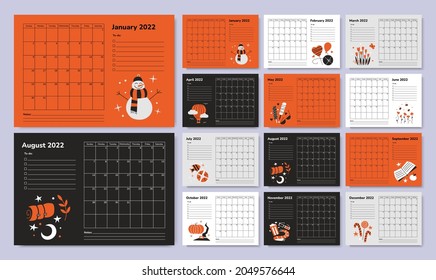 Horizontal calendar or planner 2022. Tiger year. Seasons. Set of 12 monthly pages. Organizer scheduler timetable vector template. Wall table calendar. Week starts on Sunday. Goals notes to do list