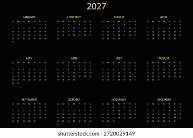 Modelo de calendário horizontal para 2027. Planejador de diário para 2027 ano. A semana começa no domingo. planejador de calendário de 2027 ano. ilustração para impressão, web, aplicativo móvel. modelo de design corporativo vetor elemento