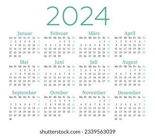 Horizontal calendar template in German for 2024. The week starts on Monday.