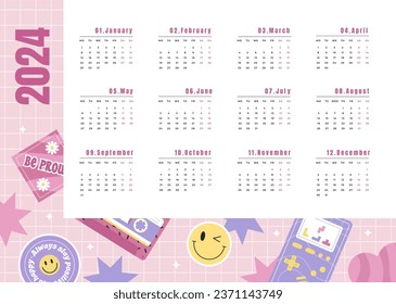 Horizontal calendar in Y2k style for 2024 isolated on a white background. Monday to Sunday, business template. Vector illustration