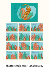 Horizontal calendar for the year 2022 with a tiger jumping into the foliage. Abstract. Emerald color. Week starts in Sunday. Template. A4