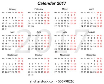 Horizontal calendar for year 2107
